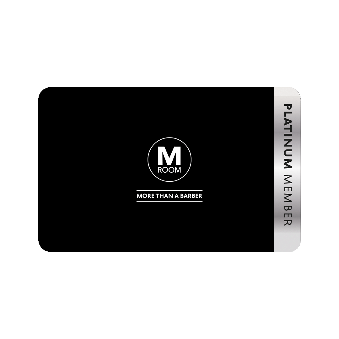 M ROOMin musta jäsenkortti, jossa lukee PLATINUM MEMBER ja M ROOM – MORE THAN A BARBER.